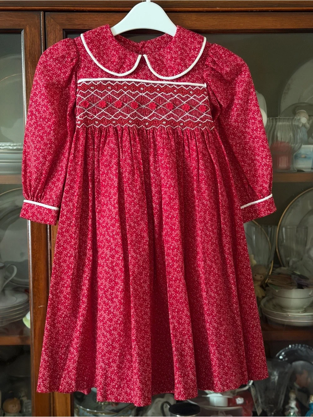 Handmade Red Smocked Peter Pan Collar Girls Dress